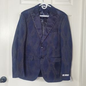 Giovanni Testi Navy Blue With Gold Embroidy Sport Coat Blazer Jacket 38R